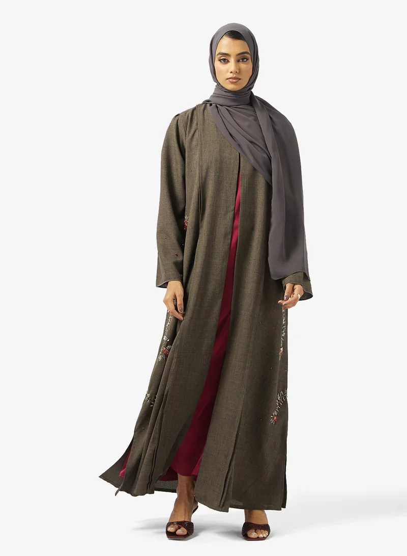 hayas closet Floral Embellished Open Front V Neck Abaya